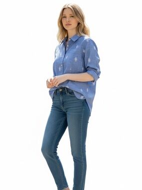 Hatley Cindy blouse blue white embroidery 100% cotton convertible long sleeve XS